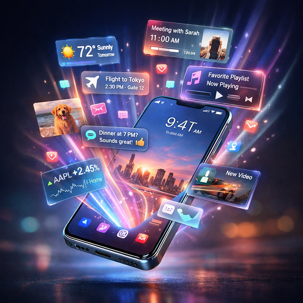 Smartphone surrounded by floating notifications including weather, meeting, flight, messages, music, stock update, and video.