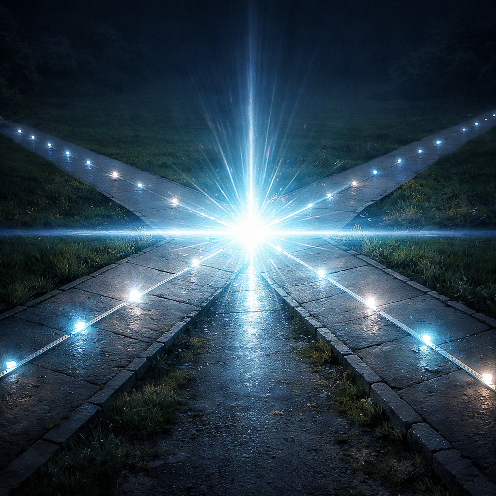 Forked stone pathway at night illuminated by small lights with a bright glow at the split