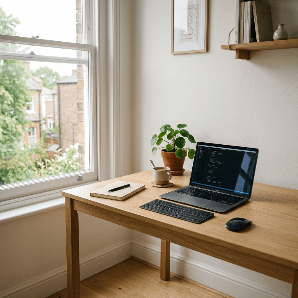 Laptop with code on screen, notebook with pen, potted plant, keyboard, and mouse on wooden desk
