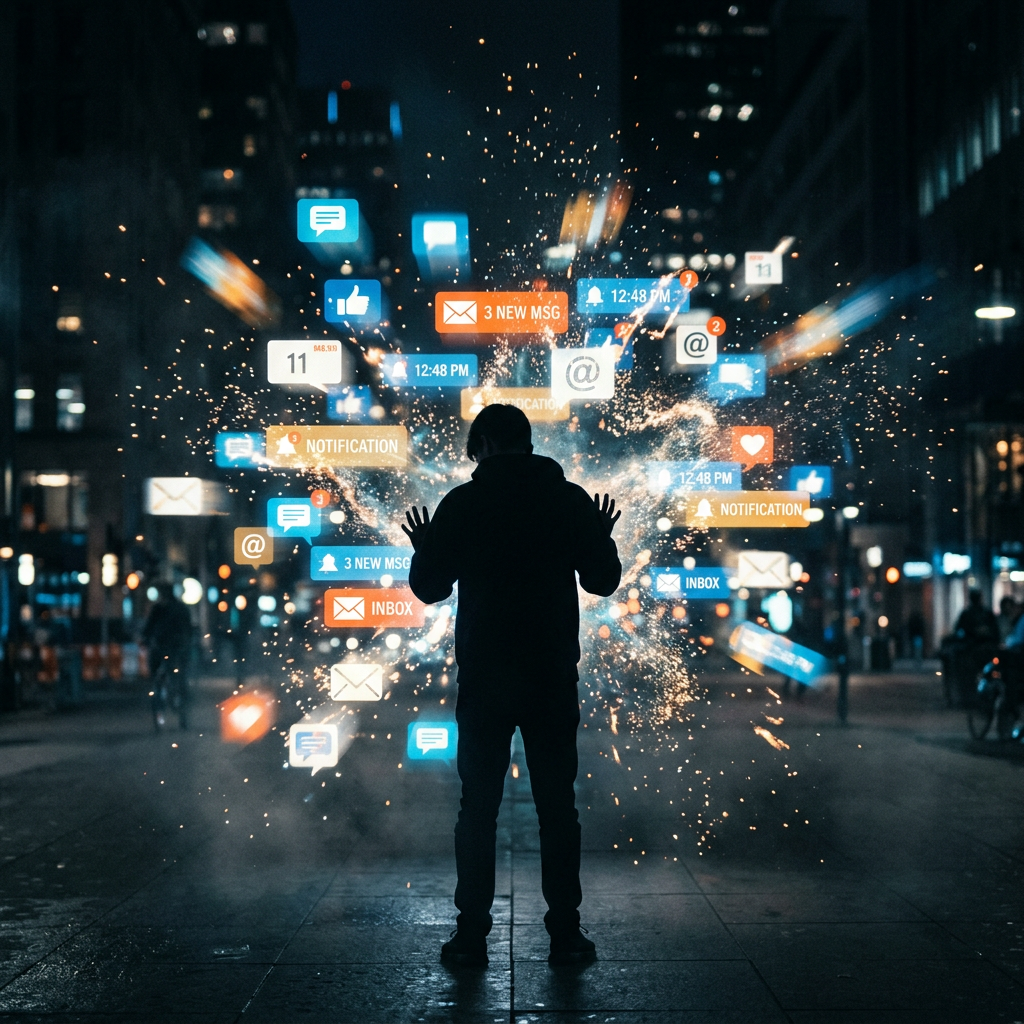 Silhouette of a person surrounded by floating digital notifications and messages