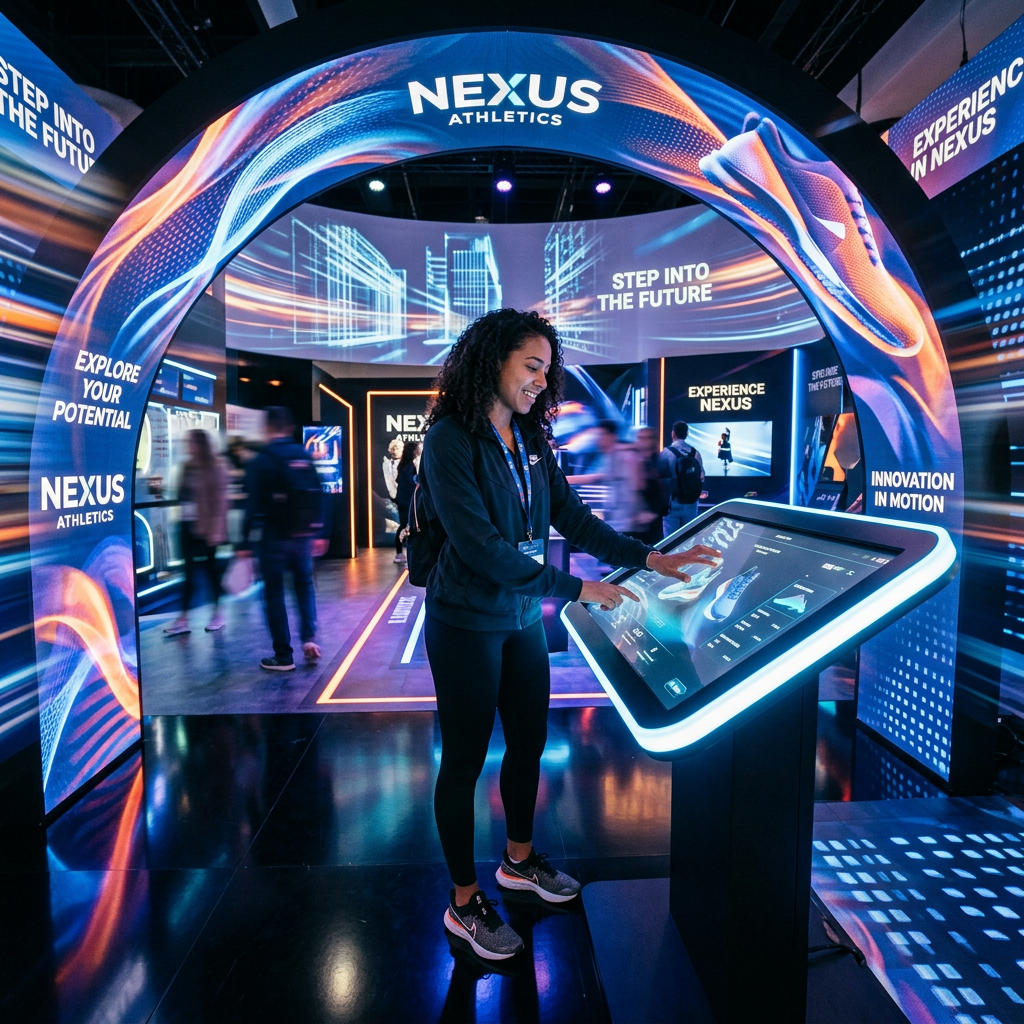 Visitor using an interactive touchscreen at a Nexus Athletics exhibition